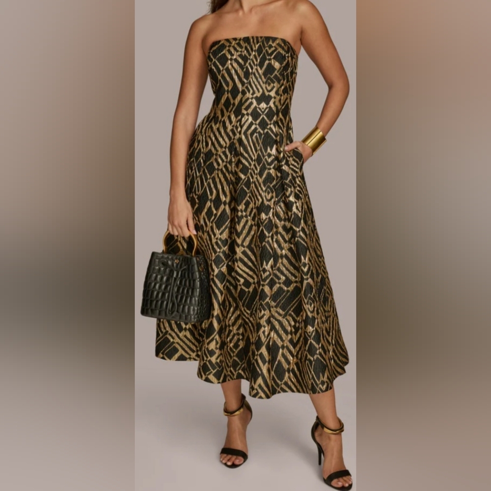 Donna Karan Black and Gold Strapless Fit and Flared Strapless Dress.